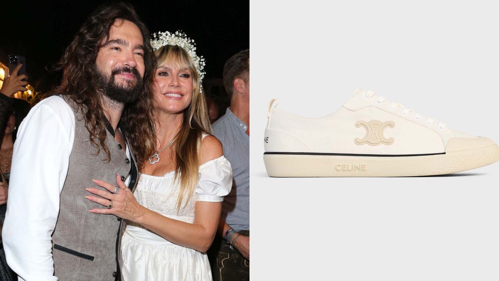 Heidi Klum wears Celine's Alan Triomphe Sneakers in Optic White at Oktoberfest alongside her husband Tom Kaulitz on Saturday.