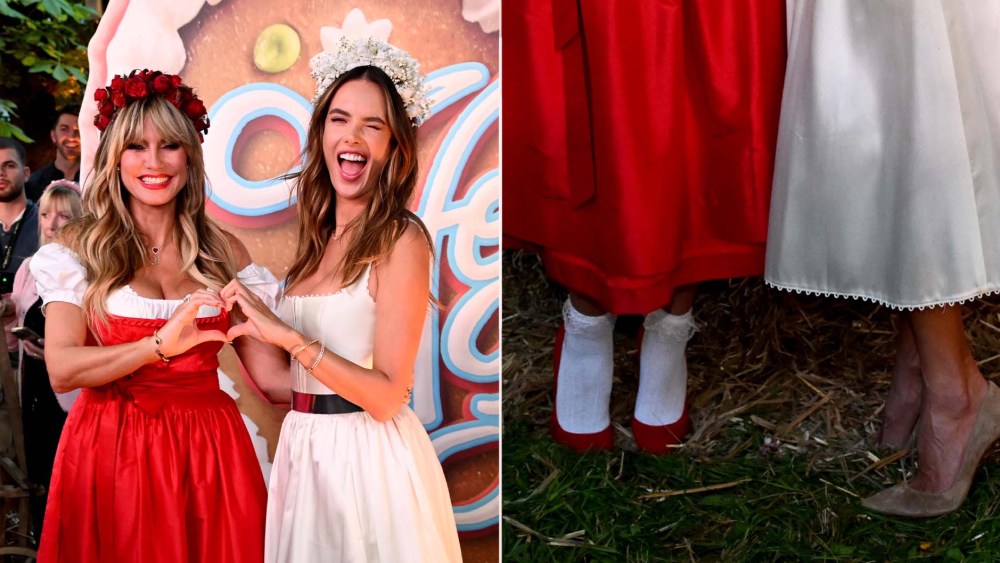 Heidi Klum and Alessandra Ambrosio in red and beige high heels at HeidiFest in Munich on Thursday.