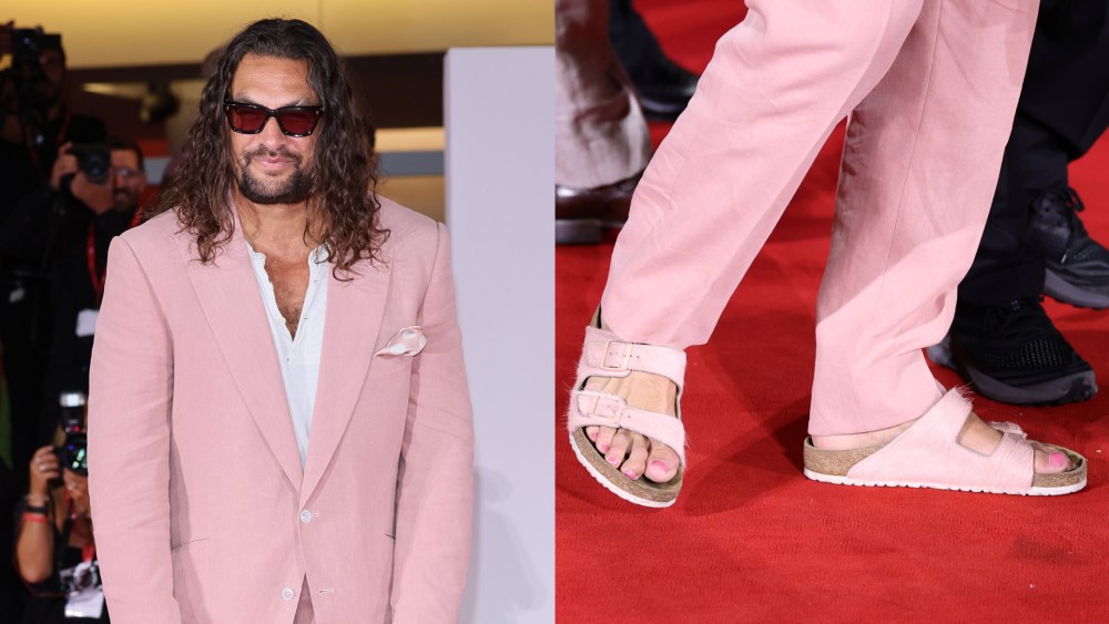 Jason Momoa at the Venice Film Festival 2025 red carpet. A picture of his pink suit, pink nail polish and Birkenstock sandals.