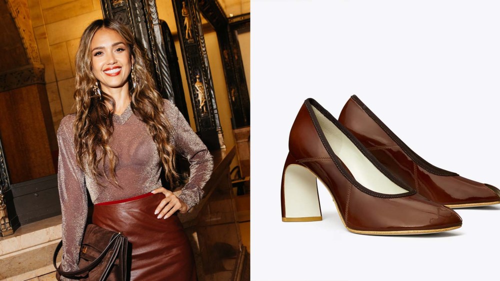 Jessica Alba at the Tory Burch spring 2026 show in the label's peep-toe pumps in russet brown.