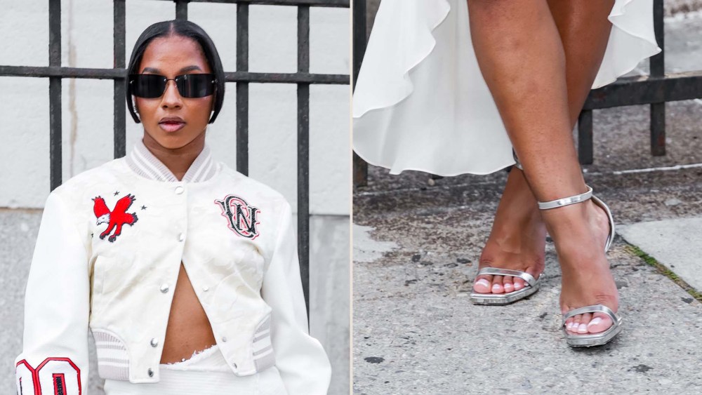 Jordan Chiles in silver strappy high-heeled sandals at Off-White's NYFW presentation on Friday.