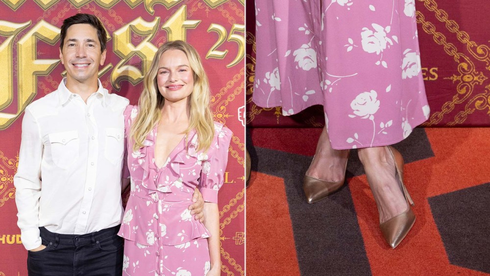 Kate Bosworth in metallic gold Manolo Blahnik pumps alongside Justin Long at Fantastic Fest on Saturday.