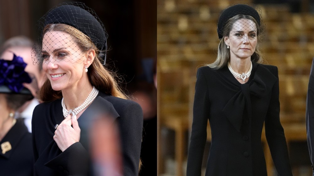 Kate Middleton wears Queen Elizabeth II's Japanese pearl choker for the Requiem Mass service for the Duchess of Kent, at Westminster Cathedral on Sept. 16, 2025 in London.