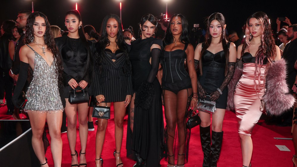 Daniela Avanzini, Sophia Laforteza, Manon Bannerman, Benee, Lara Raj, Yoonchae Jeong and Megan Skiendiel of Katseye at the MTV Video Music Awards 2025 held at UBS Arena on Sunday in New York.