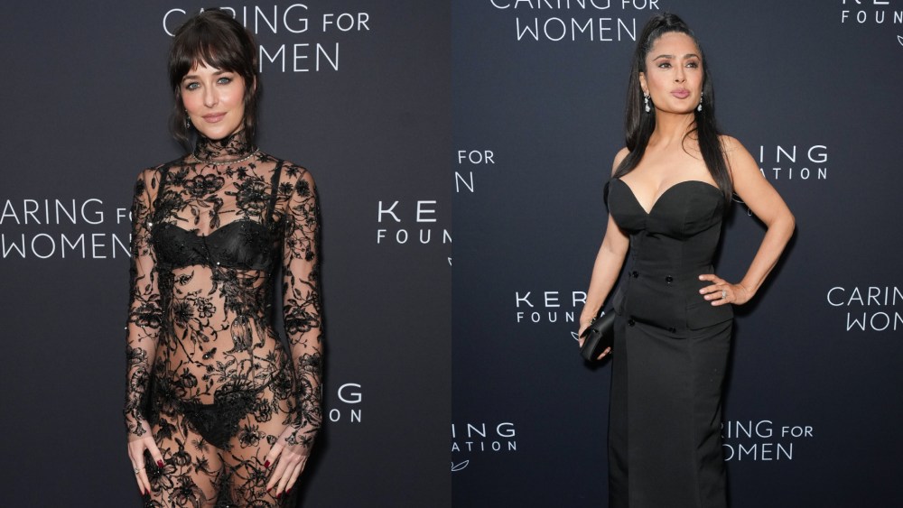 Dakota Johnson and Salma Hayek at the Kering Foundation Fourth Annual Caring for Women Dinner on Sept. 11, 2025 in New York City.
