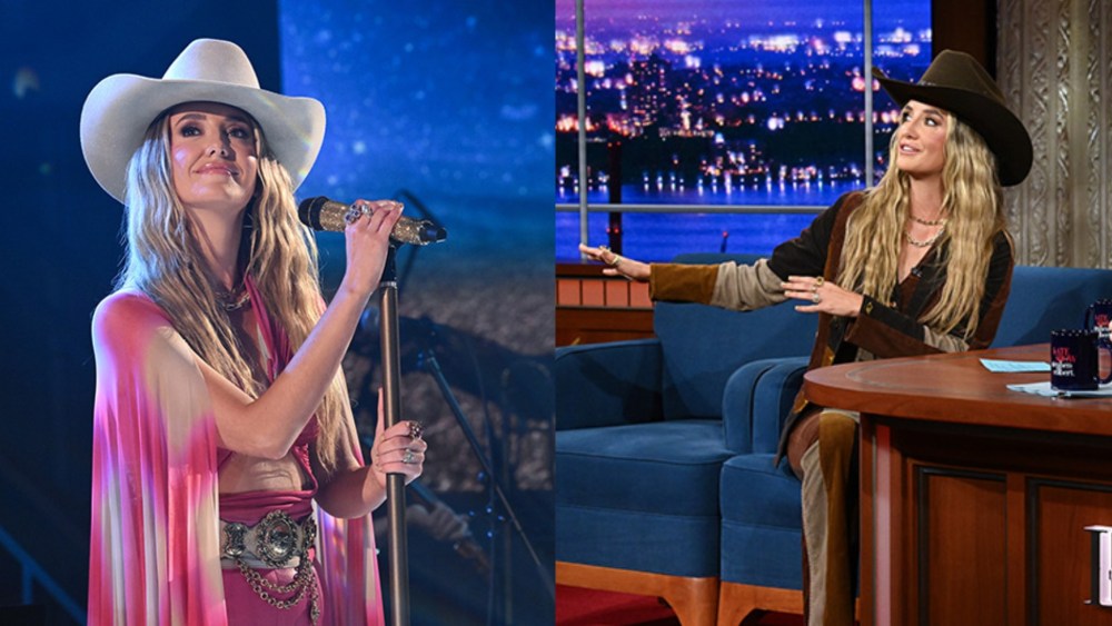 Lainey Wilson wears Barbie pink and earth tone cowboy core looks on The Late Show With Stephen Colbert on Sept. 24, 2025 in New York City.