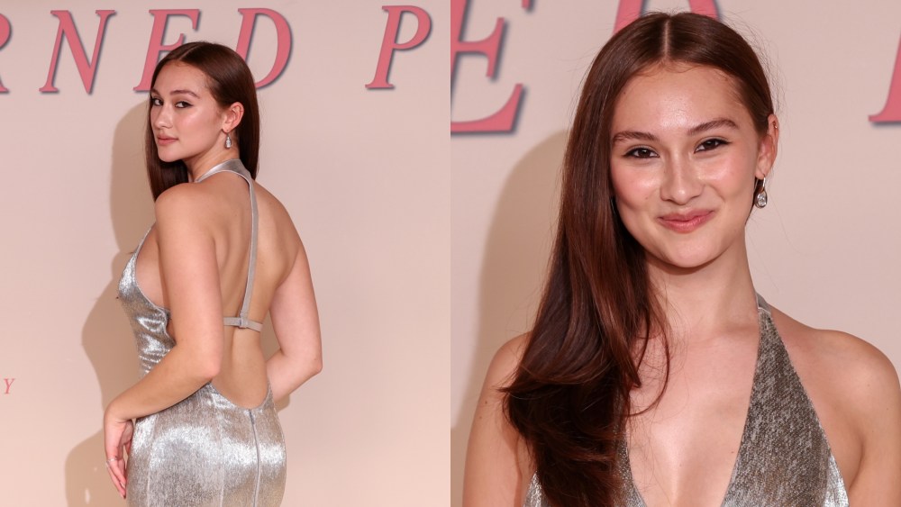 Lola Tung wears a shimmering metallic silver sleeveless  Kaufmanfranco at "The Summer I Turned Pretty" photo call on Sept. 17, 2025 in Paris.