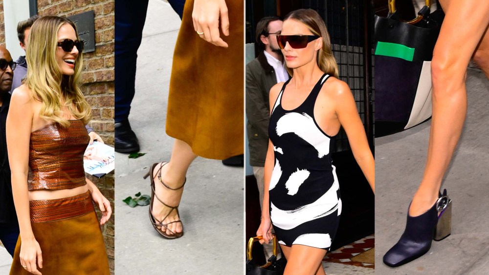 Margot Robbie in barely-there sandals, Khaite's Loulou sandal, and an archival pair of Celine by Phoebe Philo leather mules in New York City on Tuesday.