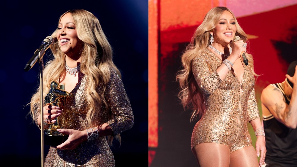 Mariah Carey wears jewelry by Levuma and Etho Maria along with a glittering gold body suit by Julian Mendez Couture for the MTV VMAs 2025 on Sept. 7 in New York City.
