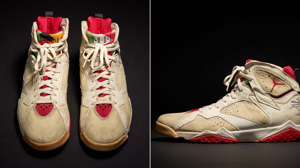 Michael Jordan's Air Jordan VIIs worn during the infamous 'closed eye free throw' game against the New York Knicks are expected to fetch up to $600,000 at Sotheby's Auction, part of MYTHOS | Sneakers and Modern Collectibles.