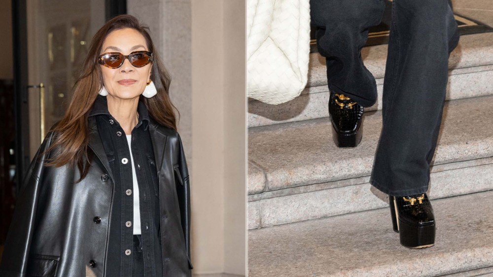 Michelle Yeoh wears Bottega Veneta Madame Platform Pumps on her way to the brand's show during Milan Fashion Week on Saturday.