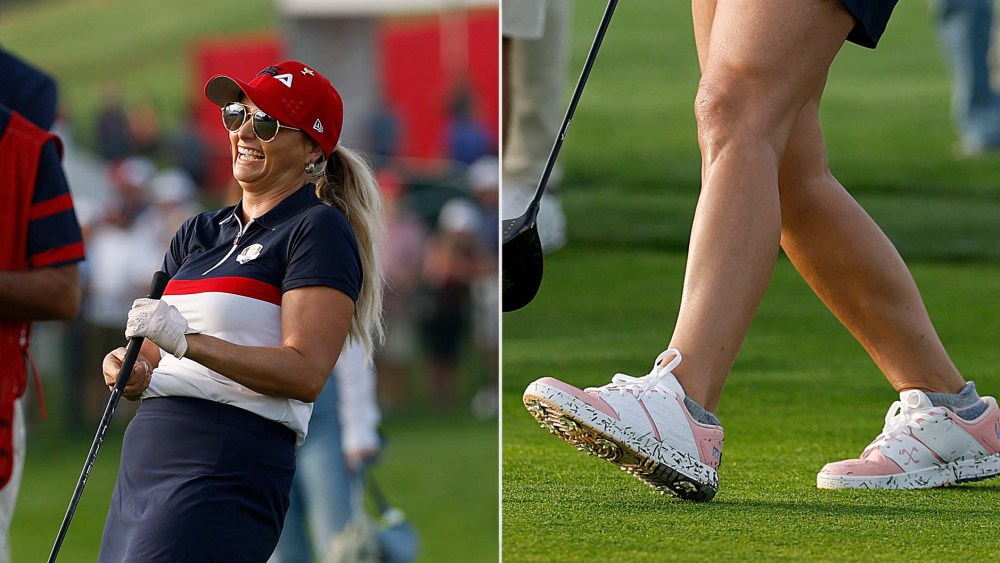 Miranda Lambert at the Celebrity Ryder Cup Match on Wednesday wearing what appear to be custom guava-and-white  Air Jordan Nu Retro 1G Golf Shoes.