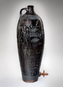 Michael Cardew (1901-1983), Wine Jar, about 1938, made at Winchcombe Pottery, Greet, Gloucestershire, England, glazed earthenware, slip, incised decoration, wood. MMFA, purchase.
