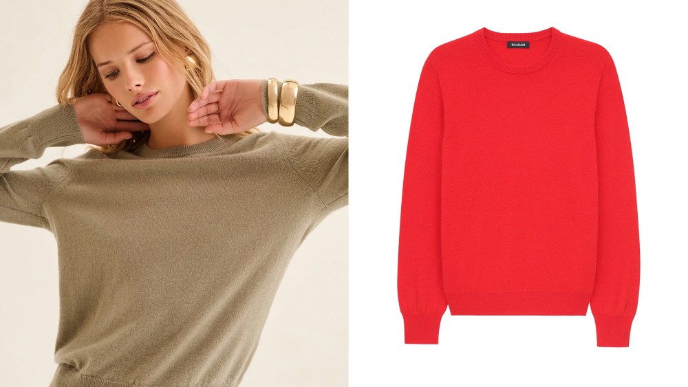 model showing off naadam's cashmere sweater in a light green colorway; red naadam sweater over a white background