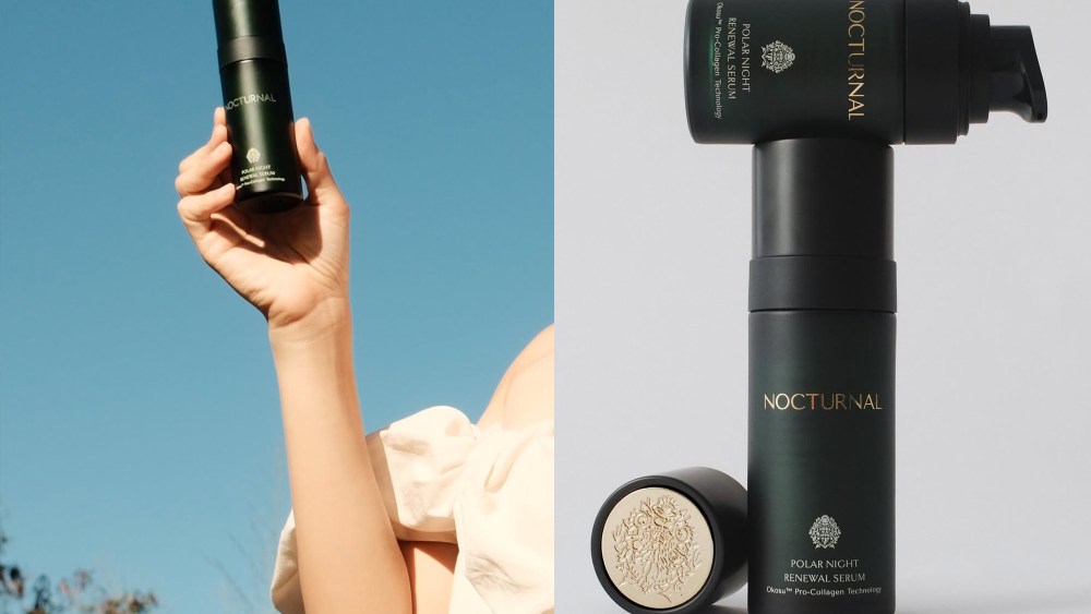 woman holding up a serum bottle filled with nocturnal skincare's hero product; a smaller bottle of the polar night renewal serum stacked horizontally on a larger bottle