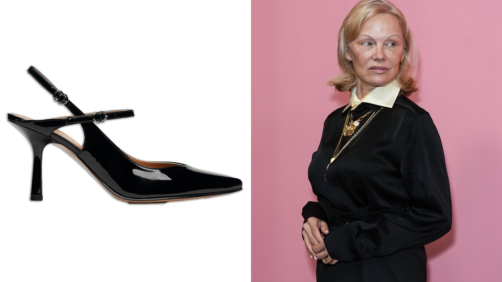 nomasei stiletto over a white background; pamela anderson looking off to the side while wearing a long-sleeved black dress
