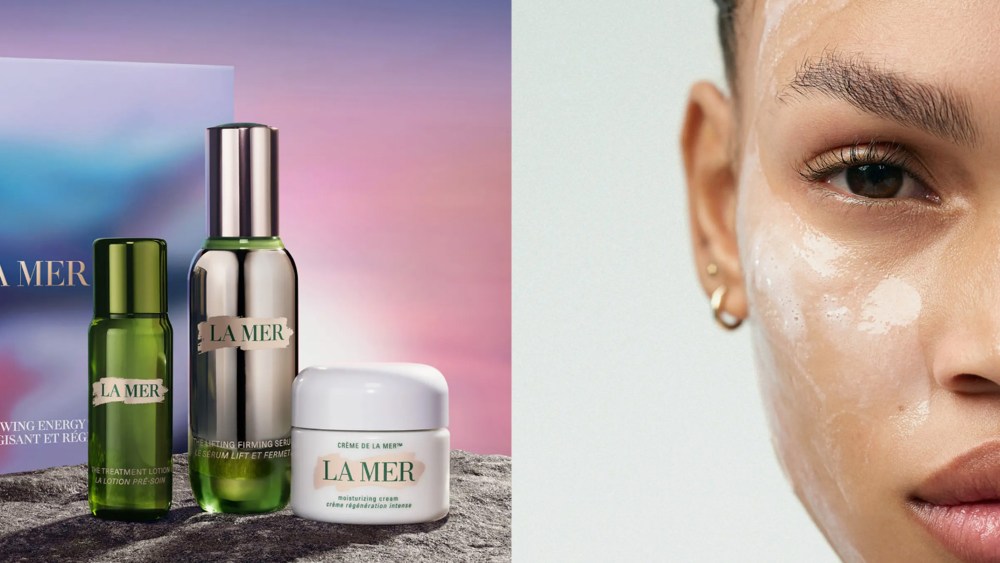 three la mer skin care products over a pink and blue gradient background; woman's face covered in some kind of cleanser, as she stares directly into the camera