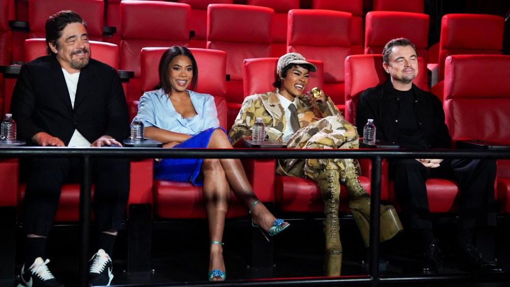 (L-R) Benicio del Toro, Regina Hall in all blue, Teyana Taylor in Kidsuper and Leonardo DiCaprio on 'The Tonight Show Starring Jimmy Fallon' on Sept. 23, 2025, in New York City.