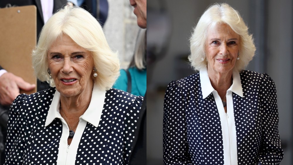Queen Camilla, wearing polka dots, in England.