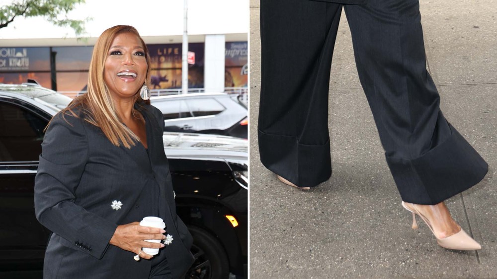 Queen Latifah wearing beige slingback pumps with a thin strap. and flared heel while out in New York City.