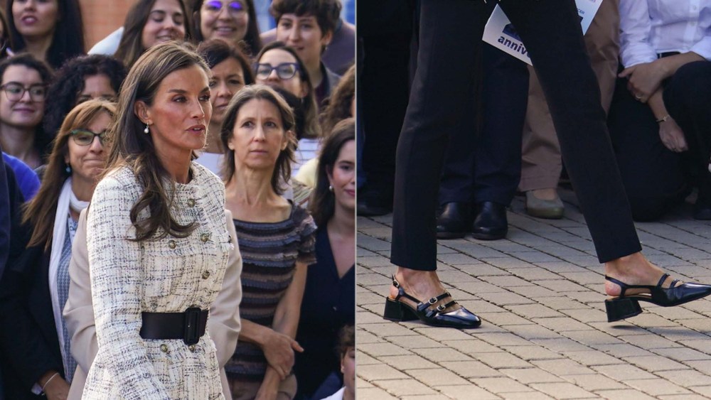 Queen Letizia rewears her $215 Sézane’s Paula Babies mary jane slingbacks in Salamanca for World Cancer Research Day.