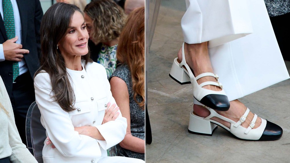 Queen Letizia of Spain in Sėzane's Paula Babies Mary Jane slingback in white with a black cap-toe at the Retina ECO Awards on Tuesday.
