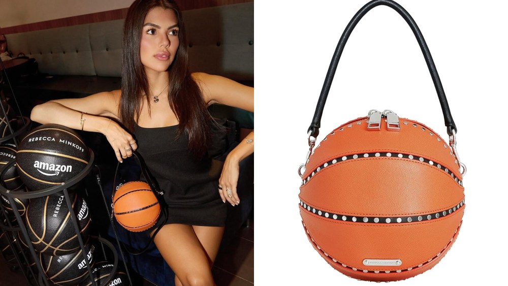 woman posing with amazon-branded basketballs and a rebecca minkoff basketball bag; new rebecca minkoff basketball bag over white background