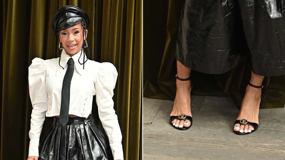 Saweetie wears Kurt Geiger London Chelsea High Heel Sandals while attending the NEWGEN: Tolu Coker presentation during London Fashion Week on Sunday in London.