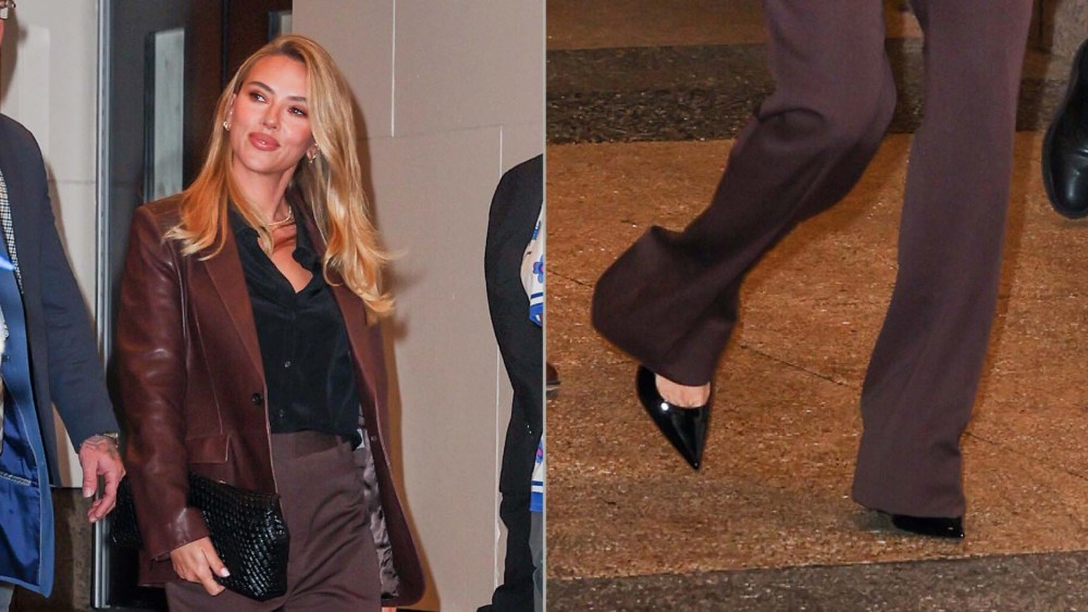 Scarlett Johansson wears black patent pumps while leaving "CBS Mornings" in New York City on Tuesday.