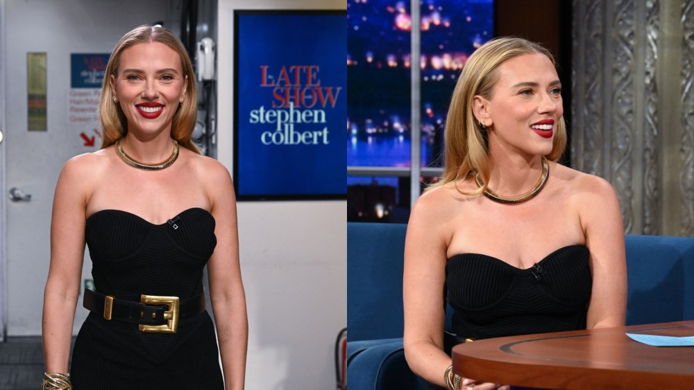 Scarlett Johansson wears a Balmain dress and Sidney Garbert jewelry on 'The Late Show With Stephen Colbert' on Sept. 22, 2025 in New York City.