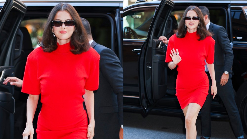 Selena Gomez wears a red knit minidress while out in New York City.