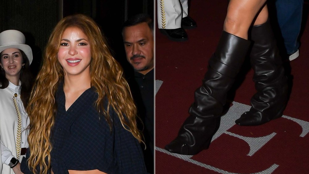 Shakira wearing slouchy leather boots with aa hidden heel while arriving at Global Citizen Festival in New York.