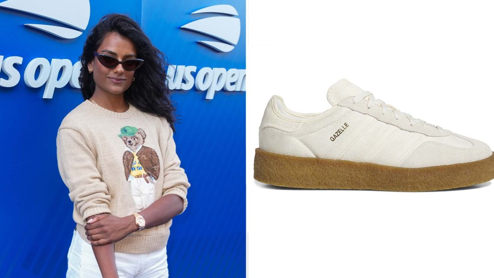 Simone Ashley at the U.S. Open on Monday leaning into quiet luxury with her Adidas x Clot Gazelles in "Crew White."