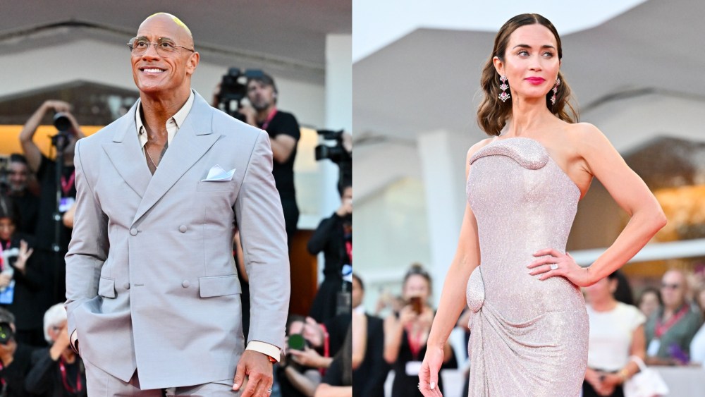 Dwayne Johnson in Prada and Emily Blunt in Tamara Ralph at the "The Smashing Machine" premiere during the Venice International Film Festival on Sept. 1, 2025 in Venice, Italy.