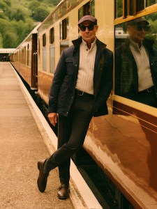 Stanley Tucci in the campaign for N. Peal’s new Art of Travelling collection.