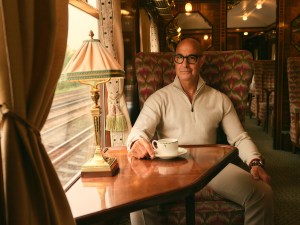 Stanley Tucci in the campaign for N. Peal’s new Art of Travelling collection.
