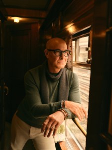 Stanley Tucci in the campaign for N. Peal’s new Art of Travelling collection.