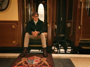 Stanley Tucci in the campaign for N. Peal’s new Art of Travelling collection.