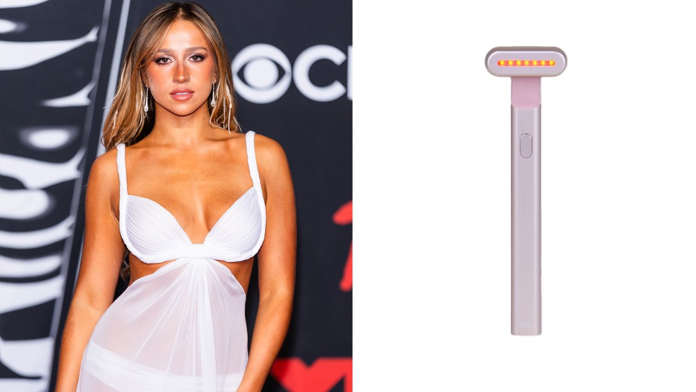 tate mcrae at the VMA awards on september 7, 2025; solawave wand in pink over a white background