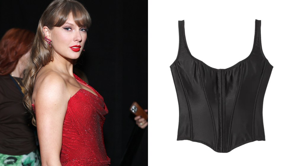 taylor swift wearing red lipstick, red jewelry, and a red dress; black corset top over a white background