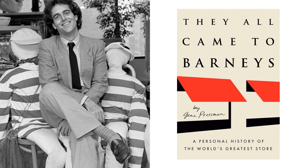 Gene Pressman sitting next to a clothing display at Barneys New York circa 1981; "They All Came to Barneys" new book over a white background