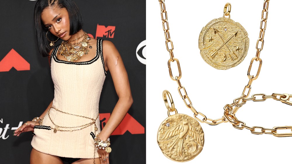 singer tyla posing for the cameras on the vmas red carpet; selection of talisman collection jewelry from pandora, some of it worn by tyla