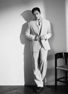 Light Beige Cashco Jacket and Pants Set up, Light beige Oasi Cashmere V-neck top, Pinstriped Centoventimila Cotton Shirt, Macro-striped Centoventimila Cotton Shirt, Suede Mocassin Corso Loafers All ZEGNA