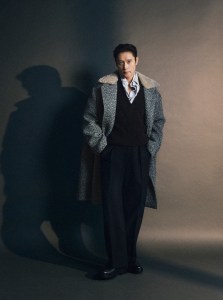 Wool and Cashmere Coat and Dark Brown Oasi Cashmere V-neck top, Pinstriped Centoventimila Cotton Shirt, Macro-striped Centoventimila Cotton Shirt, Mélange Wool Pants, Leather Mocassin Corso Loafers All ZEGNA