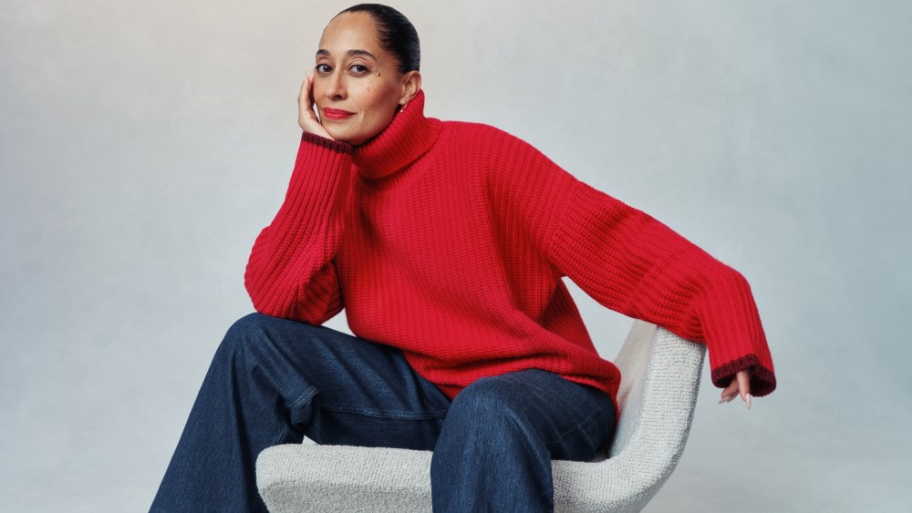 Tracee Ellis Ross in the red Spanx x La Ligne sweater.