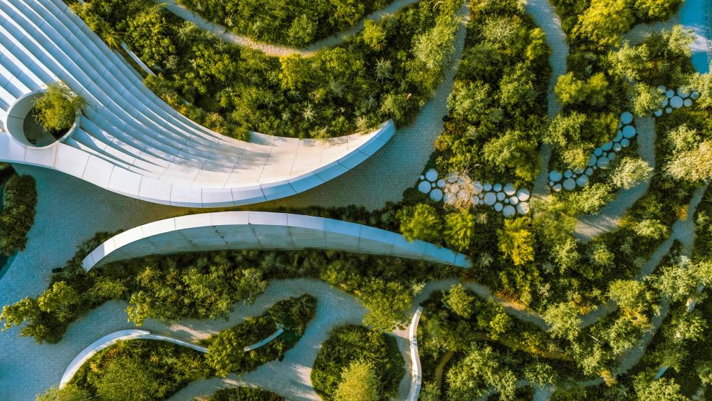 An aerial rendering of Ghaf Woods, 'Mall in the Forest' concept