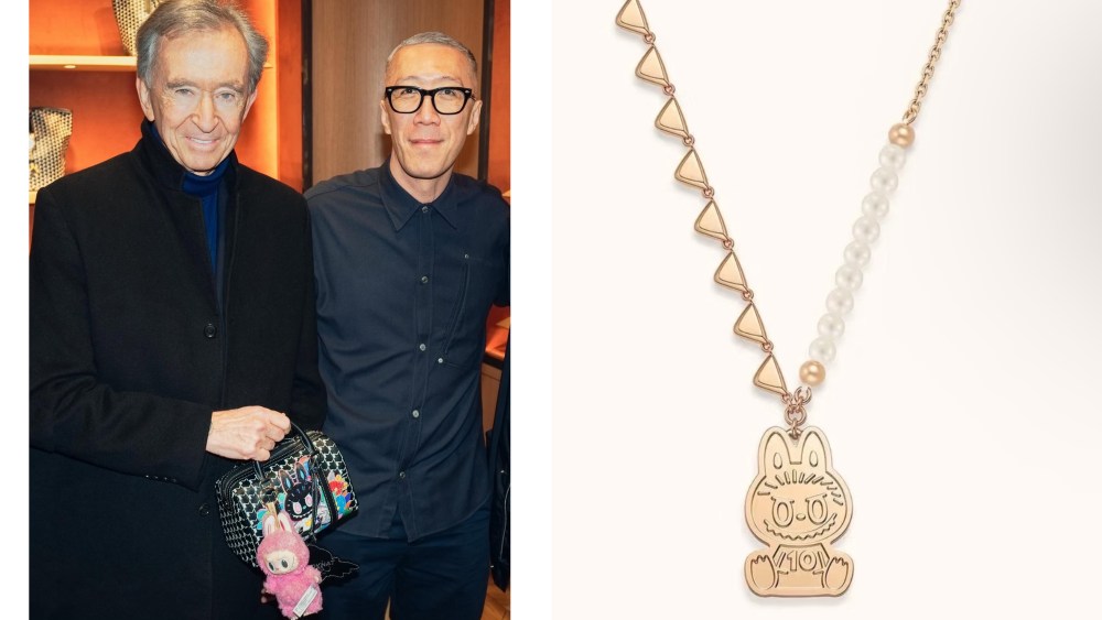 Bernard Arnault of LVMH meets with Labubu's creator Kasing Lung during a Moynat event in Paris; an 18k rose gold, white sapphire edition of a Labubu pendant necklace by Pop Mart's stand-alone jewelry concept Popop