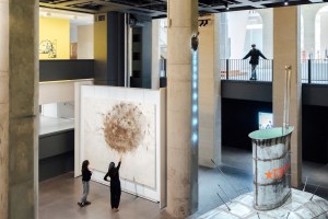 Exhibition view. Cai Quo-Qiang’s “The Earth Has its Black Hole Too: Project for Extraterrestrials No. 16,” Mario Merz’s “Tartaruga,” and Panamarenko’s “Panama, Spitzbergen, Nova Zemblaya.”