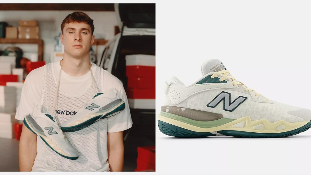 Cooper Flagg and the New Balance Cooper Flagg x Hesi Low v2 sneaker.