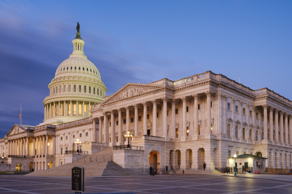 The Senate side of the U.S. Capitol building is seen early in the morning on March 8, 2025, in Washington, DC.
